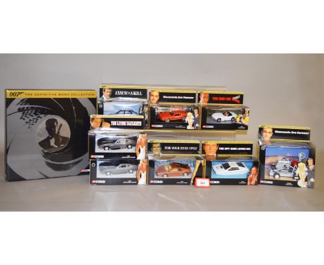 Eighteen boxed Corgi James Bond 007 diecast model cars in 1:43 scale representing vehicles featured in a number of different 