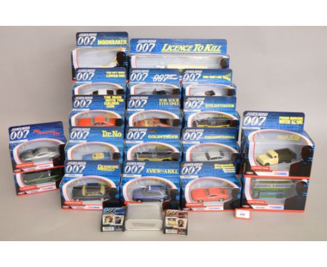 Eighteen boxed Corgi 007 diecast models representing vehicles featured in a number of different James Bond  films. Models app