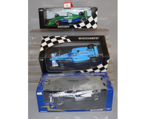 Three Minichamps 1:18 scale diecast model racing cars: Williams F1 Team FW22 BMW Jenson Button; Jordan Ford 191 Belgian GP 19