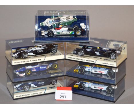 Minichamps. Seven Williams diecast model Racing Cars in 1:43 scale including FW30, FW298 and FW 07B variants. Two of the mode