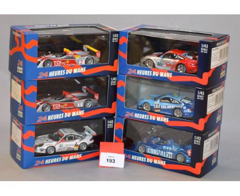 Minichamps. Six '24Heures Du Mans' diecast model cars in 1:43 scale including three Porsche 911 GT3 RSR, two Audi R10 and a P