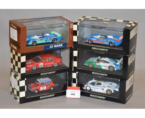 Minichamps. Six diecast model cars in 1:43 scale including a Volvo 850 Australian TCC 1996 Brock, a Morris Mini Cooper 1275S 