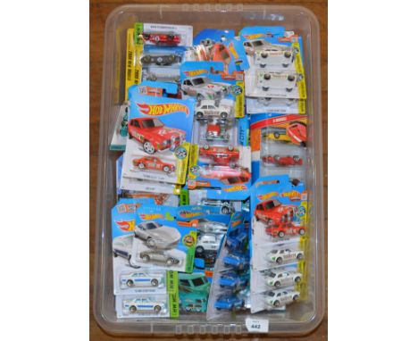 Good quantity of Mattel Hot Wheels diecast models, including Workshop, Speed Graphics, etc. All carded, overall appear E, som