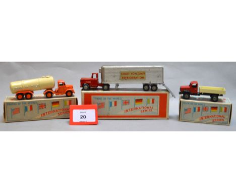 Three boxed diecast model trucks from the Morestone 'Trucks of the World  International Series', a Scammell Articulated 'Liqu