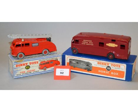 Two Dinky Toys: 581 Horse Box 'British Railways Express Horse Box Hire Service' in maroon with maroon hubs; 955 Fire Engine i