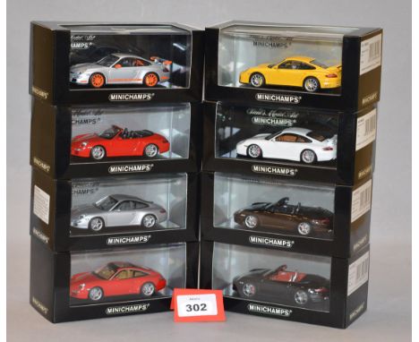 Minichamps. Eight Porsche 911 diecast model cars in 1:43 scale including GT2, GT3, GT3 RS, Targa, 4S and Turbo Cabriolet vers
