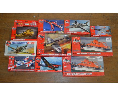 Ten boxed Airfix kits, mainly aviation related subjects in 1:72 scale, including BAE Systems Hawk, Westland Sea King Helicopt