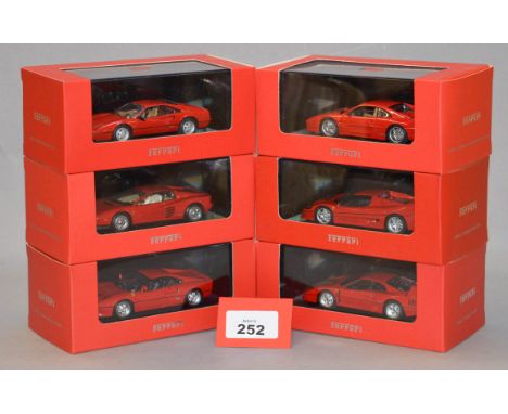 Six boxed IXO diecast model Ferrari cars in 1:43 scale including F40, F50, 288 GTO, 328 GTB and F355 Berlinetta (1997) varian