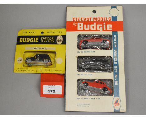 A Budgie Toys Utility Vehicle Set No. 98, containing three miniature models, #27 Fire Chief Car, #60 Squad Car and #61 Q Car 