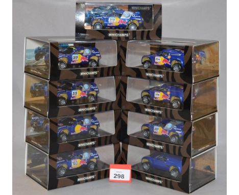 Minichamps. Nine VW Race Touareg diecast model cars in 1:43 scale including various Rally versions, 'Homologation Version' an