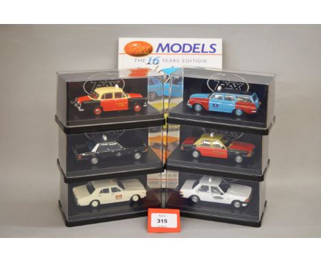 Six boxed Trax diecast Taxi models in 1:43 scale, including Ford Falcon, Holden FE and EJ variants, overall models appear VG 