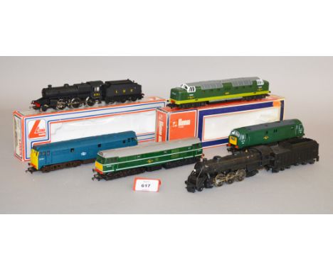 OO gauge. Two boxed Lima locomotives: 205120 2-6-0 LMS black '2701'; 5105 BR green 'Meld'. Together with four unboxed locomot