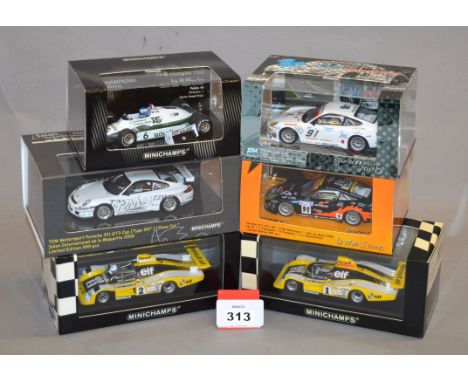 Minichamps. Six diecast model cars in 1:43 scale including two Porsche 911 GT3 RS and a GT3 Cup car, a Keijo 'Keke' Rosberg W