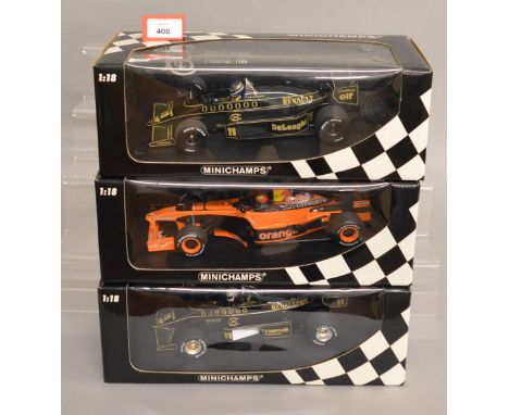 Three Minichamps 1:18 scale diecast models: Lotus Renault 98T J. Dumfries 1986; Orangearrows A23 E. Bernoldi; Lotus Renault 9