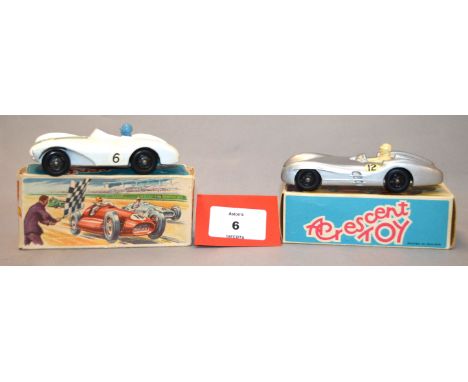 Two boxed Crescent Toys diecast model racing cars in 1:43 scale including 1284 Mercedes Benz and 1291 Aston Martin DB3S. Over