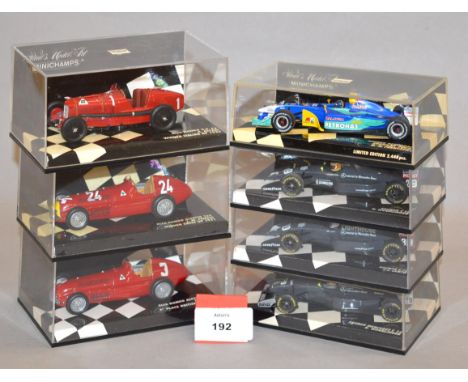 Minichamps. Seven diecast model Racing Cars in 1:43 scale including two Alfa Romeo Alfetta 159's and a G.P. P2, together with