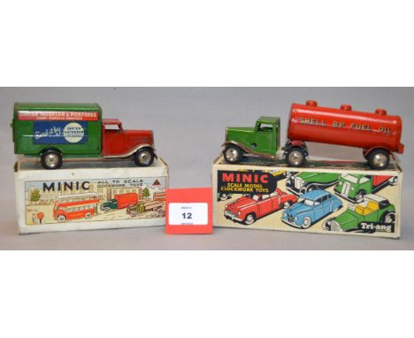 Two boxed Tri-ang Minic Toys, 22M Delivery Van, long bonnet version with red cab and green back 'Carter Patterson', some surf