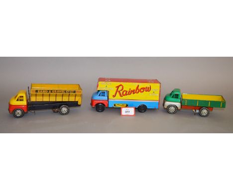 Five unboxed Wells Brimtoy tinplate models, two with friction drive, a 'Rainbow' Bedford 'S' Poster Van and a 'Transworld Coa