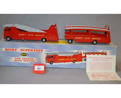 Dinky Supertoys 983 Car Carrier with Trailer 'Dinky Auto Service' in red and grey with black treaded tyres. VG, lovely and br