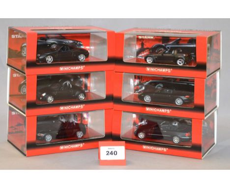 Minichamps. Six Fulda 1:43 scale diecast model cars: 436 03212 Smart Roadster 2003; 436 031432 Mercedes-Benz CLK Cabriolet 20