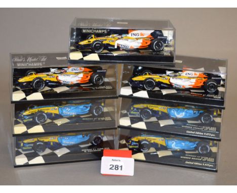 Minichamps. Seven Renault diecast model F1 Racing Cars in 1:43 scale including R25, R26 R27 and R28 variants. Two of the mode