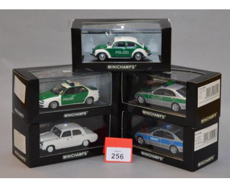 Minichamps. Five diecast 'Police' model cars in 1:43 scale including Mercedes Benz, Alfa and VW cars. All models are boxed an