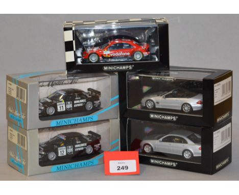 Minichamps. Five Mercedes Benz diecast model cars in 1:43 scale  including C Class  400 063592 (L.Ed. 1536), 430 963611, 430 