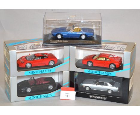 Minichamps. Two Ferrari diecast model cars in 1:43 scale, F355 1994 and F355 Spider together with a Bugatti EB 110, a 1975 To