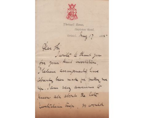 GRACE W. G.: (1848-1915) English Cricketer. A.L.S., W. G. Grace, two pages, 8vo, Thrissell House, Stapleton Road, Bristol, 17