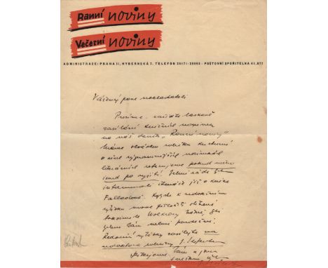 SEIFERT JAROSLAV: (1901-1986) Czechoslovak Writer, Poet &amp; Journalist, Nobel Prize winner for Literature, 1984. A scarce A