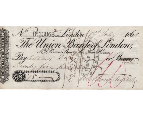 TROLLOPE ANTHONY: (1815-1882) English Novelist. D.S., Anthony Trollope, being a signed cheque, London, 1st July 1868. The par