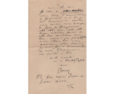RENOIR PIERRE-AUGUSTE: (1841-1919) French Impressionist Painter. A fine, lighthearted A.L.S., Renoir, one page, 8vo, n.p. (Pa