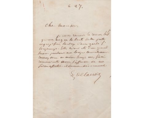 DELACROIX EUGENE: (1798-1863) French Painter. A.L.S., `Eug Delacroix´, one page, 8vo, n.p., n.d., (the 27th) to a gentleman, 