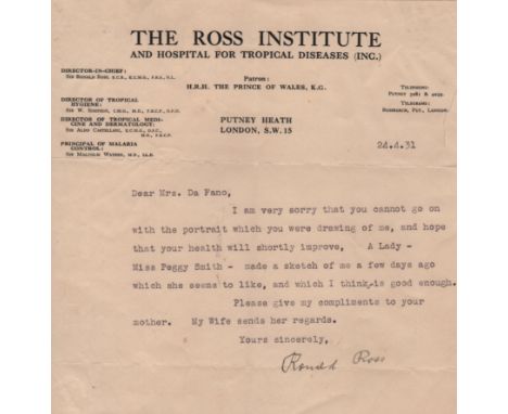 ROSS RONALD: (1857-1932) Anglo-Indian Physician, noted for his work on Malaria. Nobel Prize winner for Physiology or Medicine