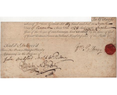 PULTENEY WILLIAM: (1684-1764) 1st Earl of Bath. British Prime Minister, 10 - 12th February 1746. A rare ink signature ('Wm. P