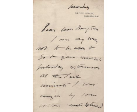 SARGENT JOHN SINGER: (1856-1925) American Painter. A.L.S., John S Sargent, two pages, 8vo, Tite Street, Chelsea, n.d. ('Monda