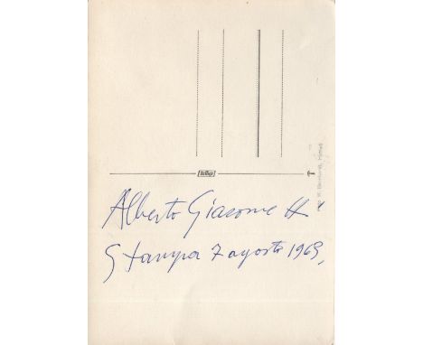 GIACOMETTI ALBERTO: (1901-1966) Swiss Sculptor. Bold blue ink signature ('Alberto Giacometti') and date, Stampa, 7th August 1