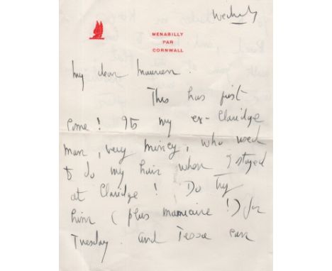 DU MAURIER DAPHNE: (1907-1989) British Author. A.L.S., Daphne, two pages, 8vo, Menabilly, Par, Cornwall, n.d. ('Wednesday', c
