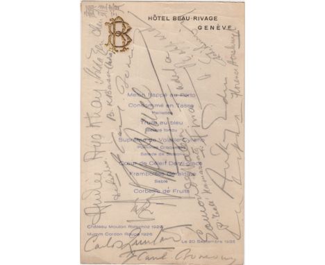 LEAGUE OF NATIONS: A printed 8vo menu card for a dinner held at the Hotel Beau-Rivage in Geneva on 20th September 1935, signe