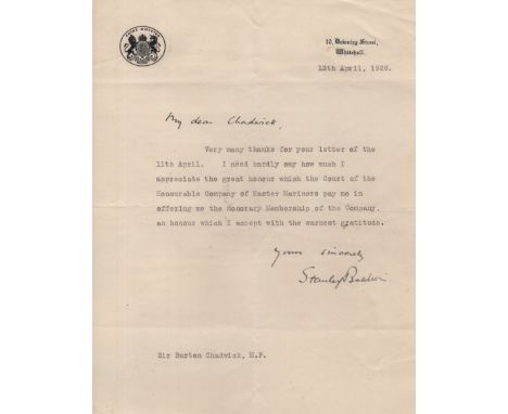 BALDWIN STANLEY: (1867-1947) British Prime Minister 1923-24, 1924-29 and 1935-37. T.L.S., Stanley Baldwin, with holograph sal