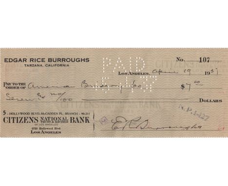 BURROUGHS EDGAR RICE: (1875-1950) American Author, creator of the jungle hero Tarzan. D.S., E R Burroughs, being a signed che