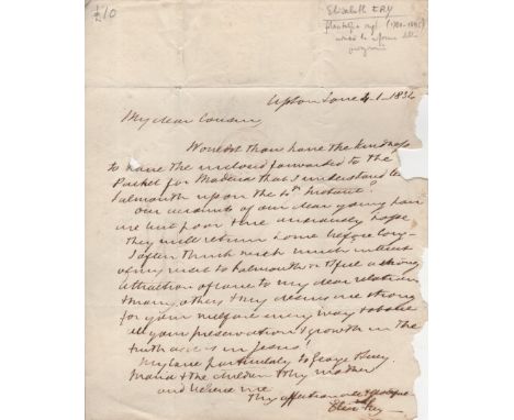 FRY ELIZABETH: (1780-1845) English Prison Reformer, Social Reformer and Christian Philanthropist. A.L.S., Elizth. Fry, one pa