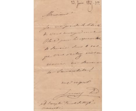 LIND JENNY: (1820-1887) Swedish Opera Singer, known as the Swedish Nightingale. A.L.S., Jenny Lind, one page, 8vo, Clairville