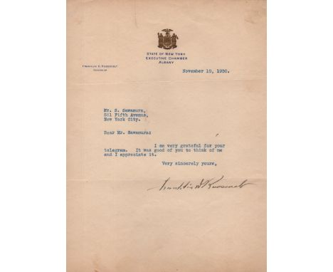 ROOSEVELT FRANKLIN D: (1882-1945) American President 1933-45. Brief T.L.S., Franklin D Roosevelt, one page, 4to, Albany, 10th