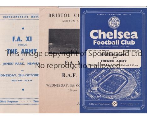 FORCES FOOTBALL       Four programmes including British Army v French Army 57/8 at Chelsea, FA XI v RAF XI 58/9 at Bristol Ci