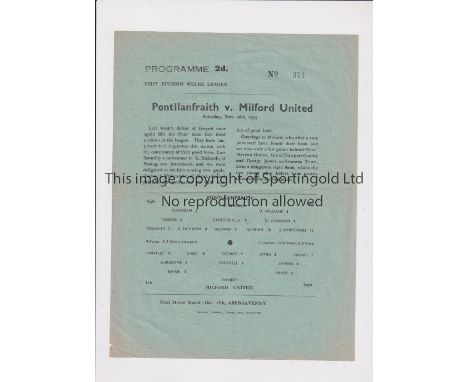 1955 PONTLLANFRAITH V MILFORD   Large single sheet for the Welsh League game at Pontllanfaith dated 26/11/55. Pencil witing o