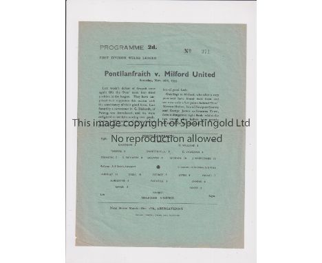 1955 PONTLLANFRAITH V MILFORD   Large single sheet for the Welsh League game at Pontllanfaith dated 26/11/55. Pencil witing o