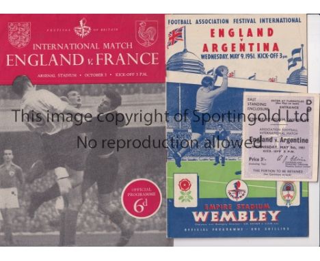 ENGLAND      Home programme and ticket v Argentina 1951 at Wembley with newspaper cuttings and v France 1951 at Arsenal, Fest