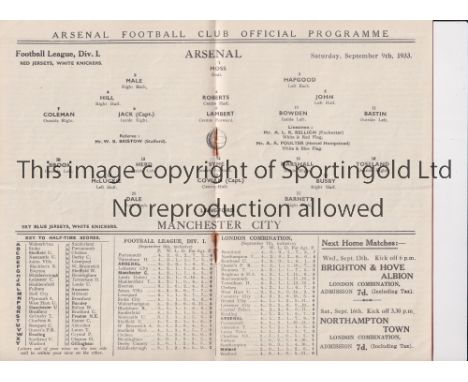ARSENAL      Home programme for the League match v Manchester City 9/9/1933, very slight horizontal crease.     Generally goo