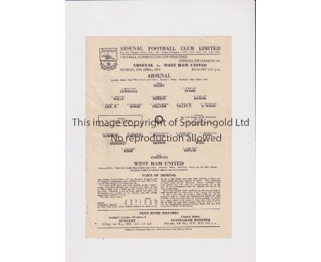 ARSENAL     Single card programme for the home Football Combination Semi-Final v West Ham United 27/4/1953, very slightly cre